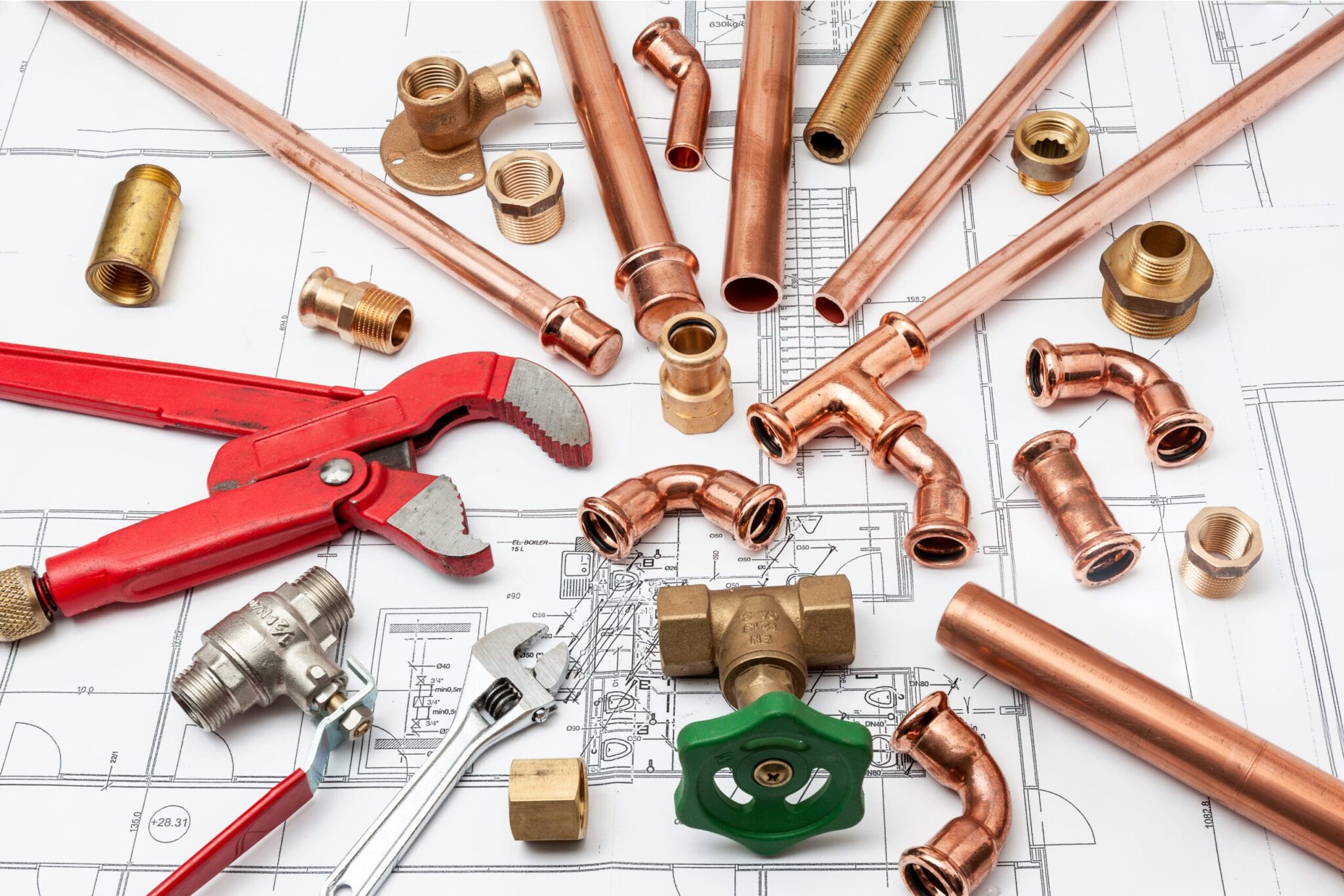 Copper pipes, fittings, valves, and plumbing tools in Kennesaw