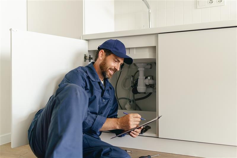 Residential plumber reviewing plumbing repairs in a Kennesaw kitchen