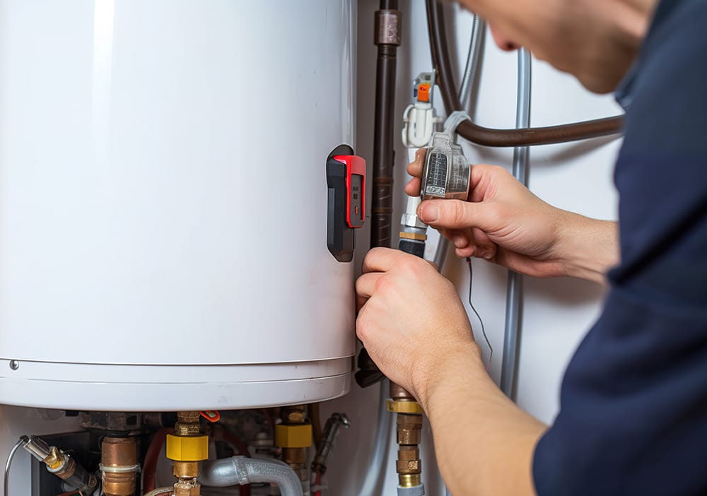 Technician repairing pipes connected to a water heater in Kennesaw